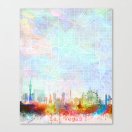 Las Vegas Skyline Map Watercolor, Print by Zouzounio Art Canvas Print