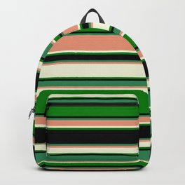 [ Thumbnail: Eye-catching Sea Green, Dark Salmon, Beige, Green, and Black Colored Lined Pattern Backpack ]