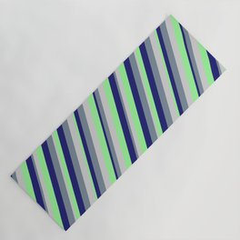 [ Thumbnail: Light Grey, Green, Midnight Blue, and Light Slate Gray Colored Stripes/Lines Pattern Yoga Mat ]