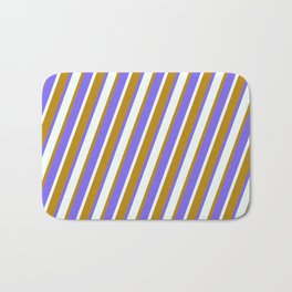 [ Thumbnail: Dark Goldenrod, Medium Slate Blue, and Mint Cream Colored Lines/Stripes Pattern Bath Mat ]