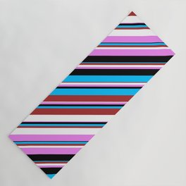 [ Thumbnail: Deep Sky Blue, Brown, White, Violet, and Black Colored Striped/Lined Pattern Yoga Mat ]
