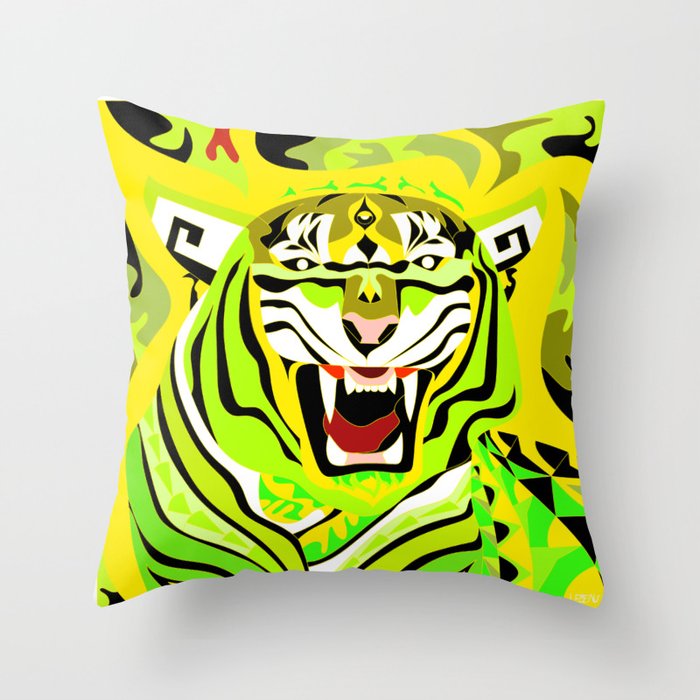 yellow light tiger ecopop in zodiac bengal wallpaper art  Throw Pillow
