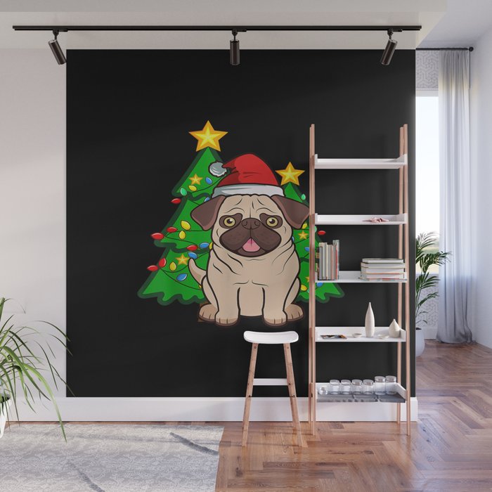 Cute PUG Dog with Christmas Hat Wall Mural