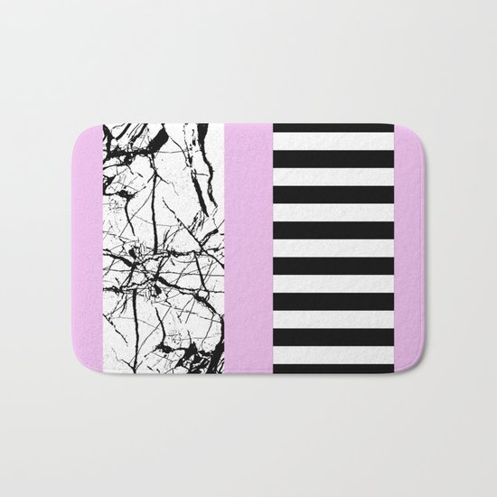 Stripes N Marble 2 - Black and white stripes and marble patterns on a pastel pink background Bath Mat