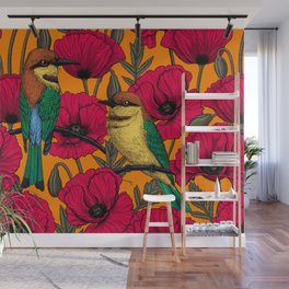 Bee eaters and poppies on orange Wall Mural