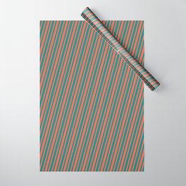 [ Thumbnail: Dark Cyan & Red Colored Striped Pattern Wrapping Paper ]