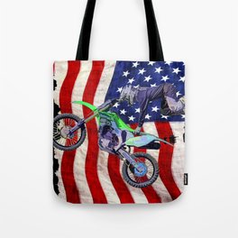 High Flying Freestyle Motocross Rider & US Flag Tote Bag