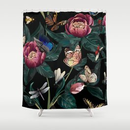 Colourful Pattern with big flowers-peony with branch and big leaves and insects-buterfly, dragonfly, ladybug, bee on black background Shower Curtain