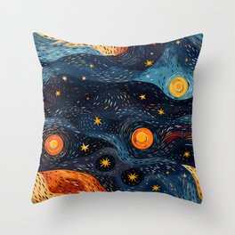 Colorful Starry Night Pattern with Stars and Winds in Dark Blue and Orange Tones Throw Pillow