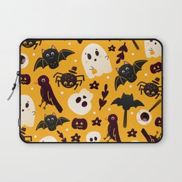 Colourful Orange Halloween Seamless Pattern with Cute Spider, Crow and Ghost Characters Laptop Sleeve