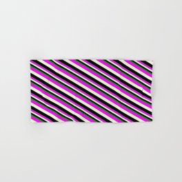 [ Thumbnail: Forest Green, Fuchsia, Beige, and Black Colored Lined/Striped Pattern Hand & Bath Towel ]