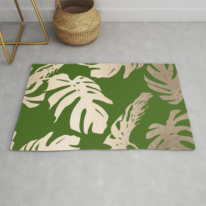 Palm Leaves White Gold Sands on Jungle Green Rug