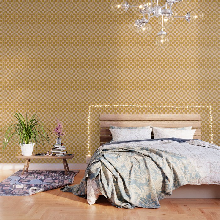 Abstract Floral Checker Pattern 18 in Retro Gold Pink Wallpaper
