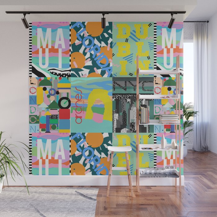 80 S Postmodern Travel Postcards Wall Mural By Elliottdesignfactory Society6