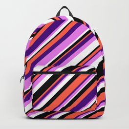 [ Thumbnail: Eyecatching Red, Indigo, Violet, White & Black Colored Lined Pattern Backpack ]