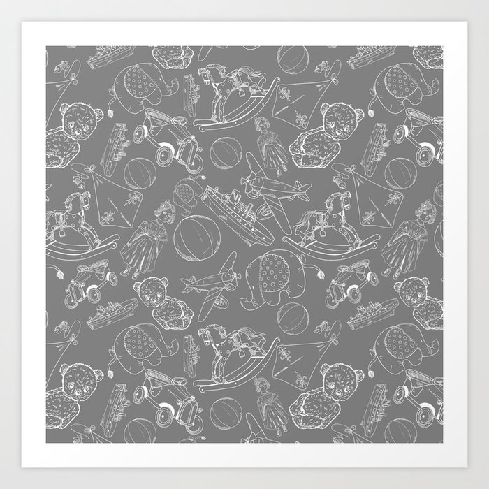 Grey and White Toys Outline Pattern Art Print