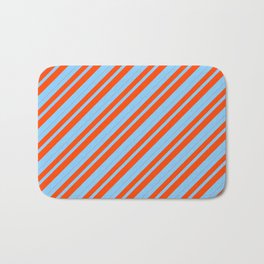 [ Thumbnail: Light Sky Blue and Red Colored Stripes/Lines Pattern Bath Mat ]