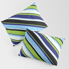 [ Thumbnail: Colorful Green, Midnight Blue, Light Sky Blue, Mint Cream, and Black Colored Lined/Striped Pattern Pillow Sham ]