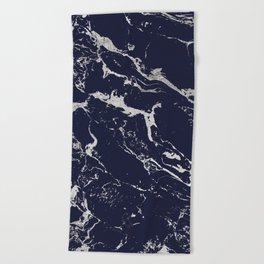 Modern navy blue silver marble pattern Beach Towel