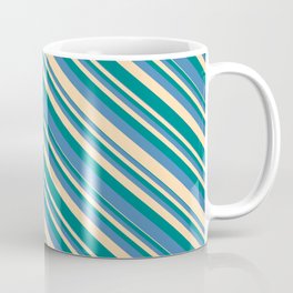 [ Thumbnail: Tan, Teal & Blue Colored Lines/Stripes Pattern Coffee Mug ]