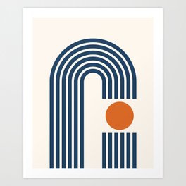 Geometric Lines in Navy Blue and Orange (Rainbow and Sun Abstract) Art Print
