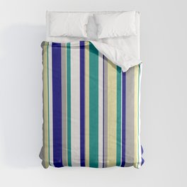 [ Thumbnail: Eye-catching Dark Cyan, Pale Goldenrod, Dark Grey, Blue, and White Colored Lines Pattern Comforter ]