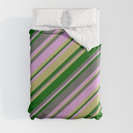 [ Thumbnail: Dim Grey, Plum, Dark Khaki & Dark Green Colored Striped/Lined Pattern Duvet Cover ]