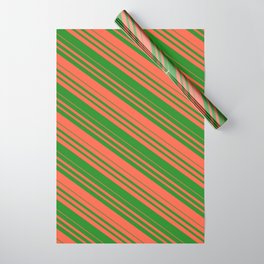 [ Thumbnail: Red and Forest Green Colored Striped Pattern Wrapping Paper ]
