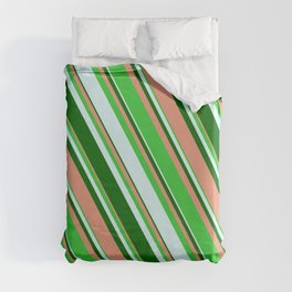 [ Thumbnail: Dark Salmon, Lime Green, Light Cyan, and Dark Green Colored Stripes/Lines Pattern Duvet Cover ]