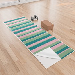 [ Thumbnail: Dark Sea Green, Pink & Teal Colored Lined/Striped Pattern Yoga Towel ]
