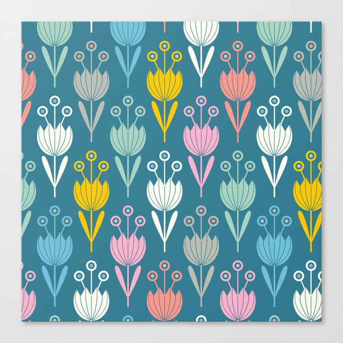 SPRING TULIPS FLORAL PATTERN on BLUE BACKGROUND Canvas Print