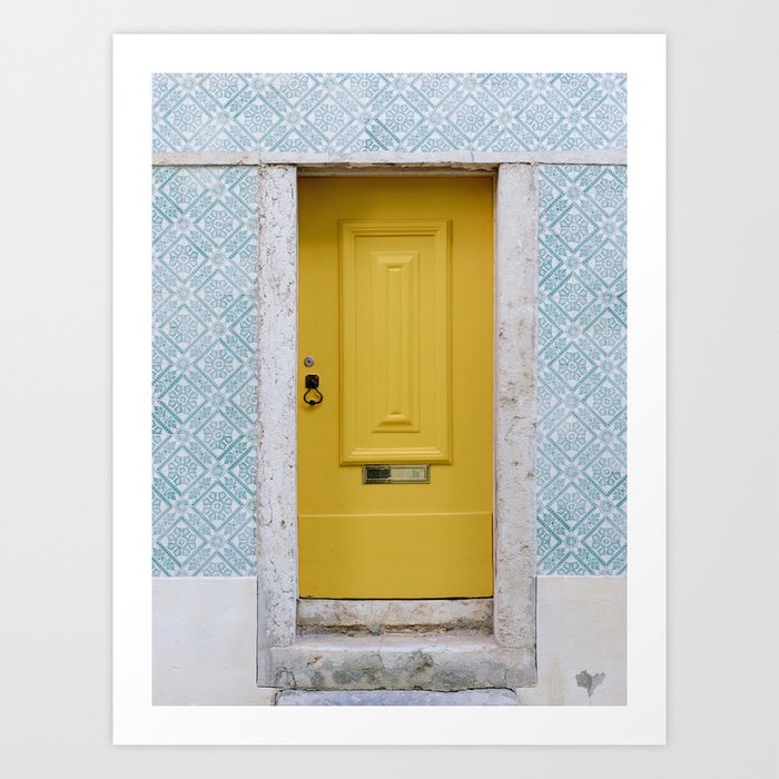 Yellow Door With Blue Portuguese Tiles | Azulejos | Lisbon Art Print