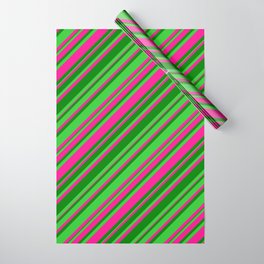 [ Thumbnail: Deep Pink, Green & Lime Green Colored Lines Pattern Wrapping Paper ]