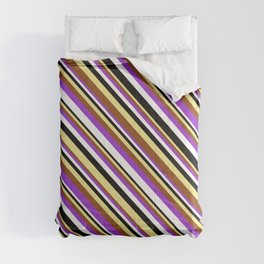 [ Thumbnail: Vibrant Tan, Brown, Dark Orchid, White & Black Colored Lines Pattern Comforter ]