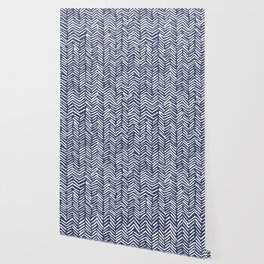 Boho Herringbone Pattern, Navy Blue and White Wallpaper