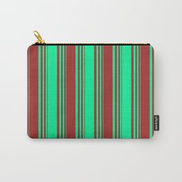 [ Thumbnail: Green & Brown Colored Striped/Lined Pattern Carry-All Pouch ]