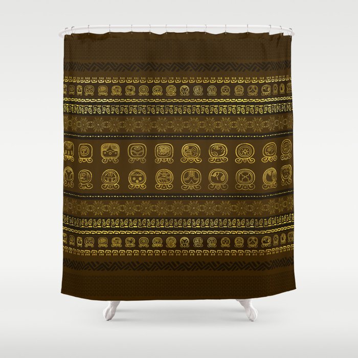 Maya Calendar Glyphs pattern Gold on Brown Shower Curtain