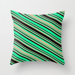 [ Thumbnail: Green, Tan, and Black Colored Striped/Lined Pattern Throw Pillow ]