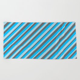 [ Thumbnail: Deep Sky Blue, Light Blue, and Dim Grey Colored Striped/Lined Pattern Beach Towel ]
