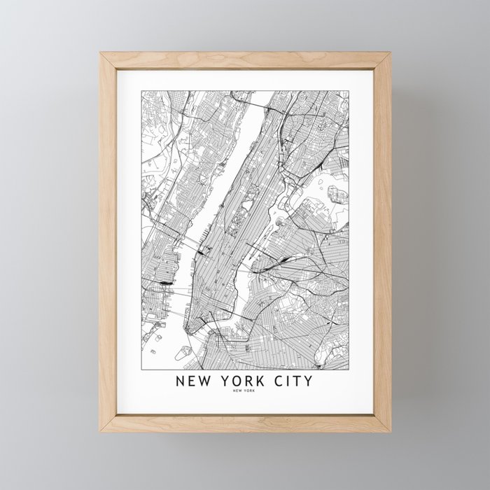 New York City White Map Framed Mini Art Print