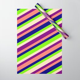 [ Thumbnail: Colorful Bisque, Purple, Salmon, Blue & Green Colored Lined/Striped Pattern Wrapping Paper ]