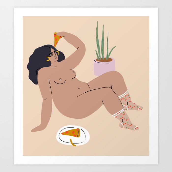 pizza party Art Print | Painting, Digital, Pastel, Woman, Pizza, Pizza-party, Cherry, Plant, Female, Girl