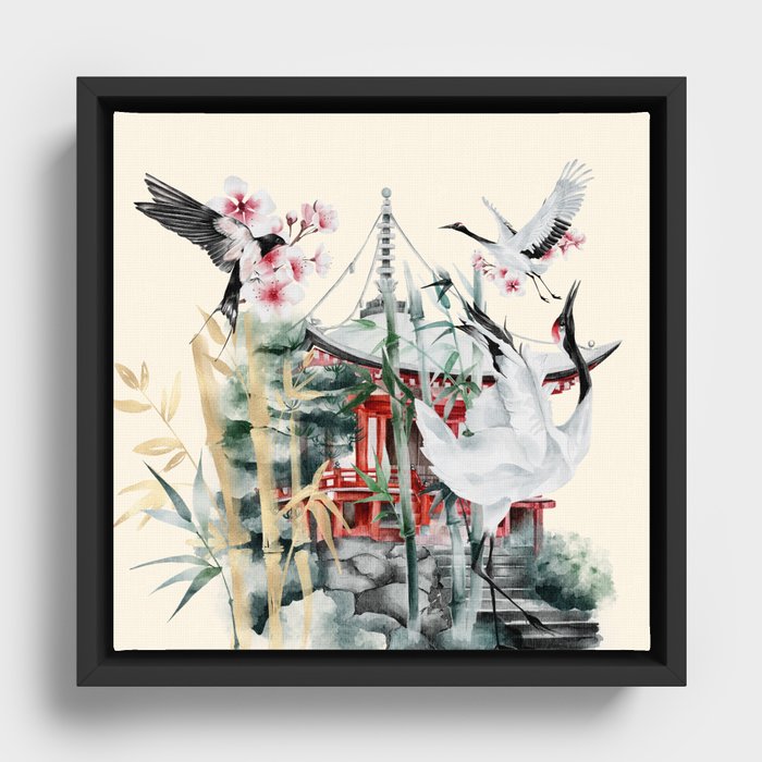Japanese Crane Watercolor Art Framed Canvas