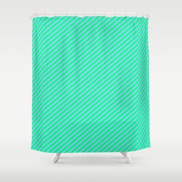 [ Thumbnail: Light Sky Blue and Green Colored Stripes Pattern Shower Curtain ]
