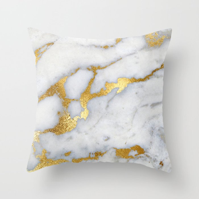 White and Gray Marble and Gold Metal foil Glitter Effect Throw Pillow