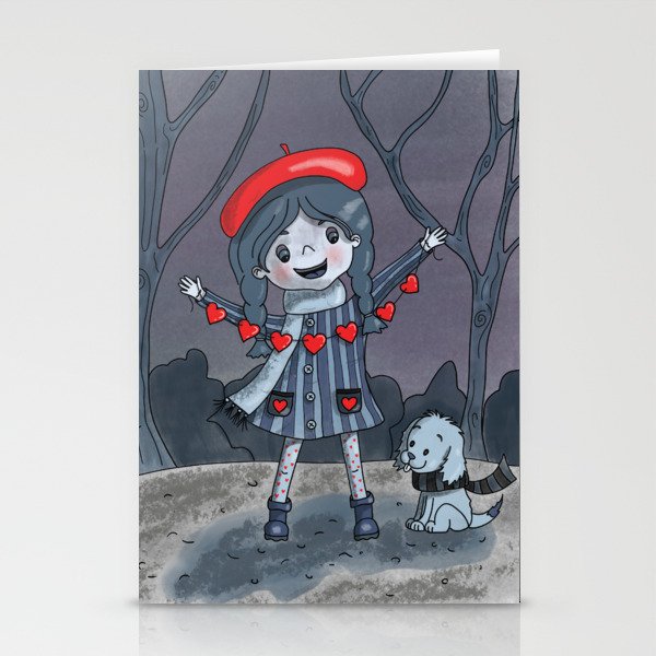 Girl with Dog Holding Heart Garland  Stationery Cards