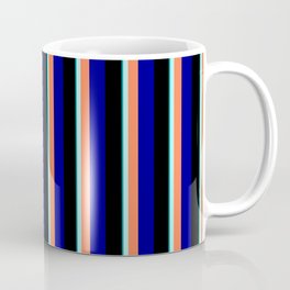 [ Thumbnail: Eye-catching Dark Cyan, Turquoise, Coral, Dark Blue, and Black Colored Striped Pattern Coffee Mug ]