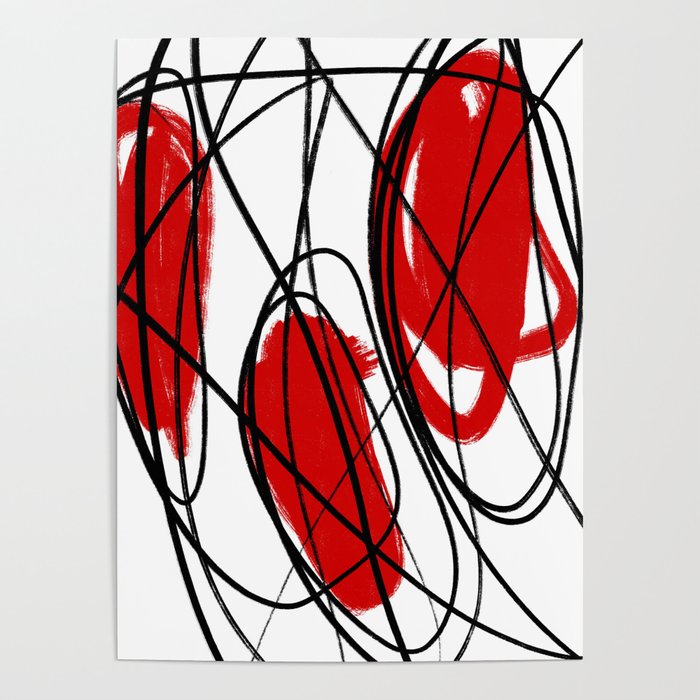 Three Circle Red, Black, and White Minimalist Abstract Linear Dot Painting Poster