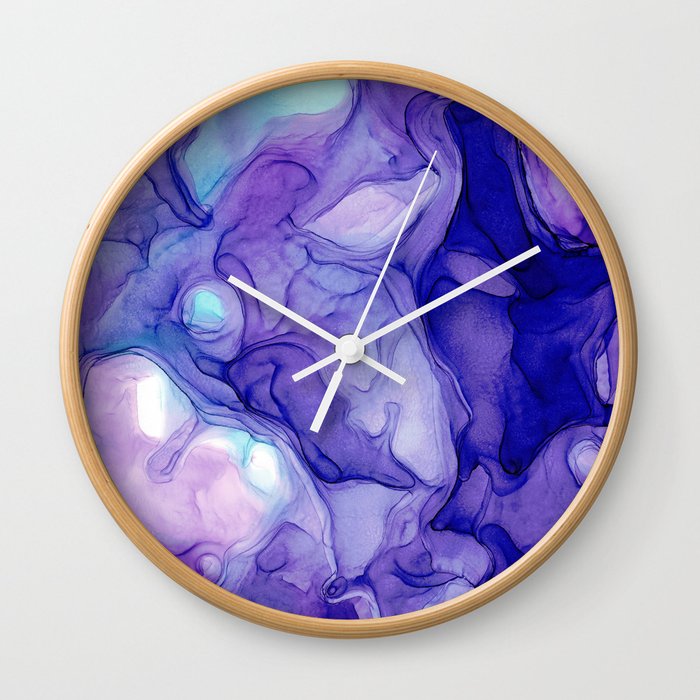 Purple and Blue Abstract 131 Alcohol Ink Painting by Herzart Wall Clock