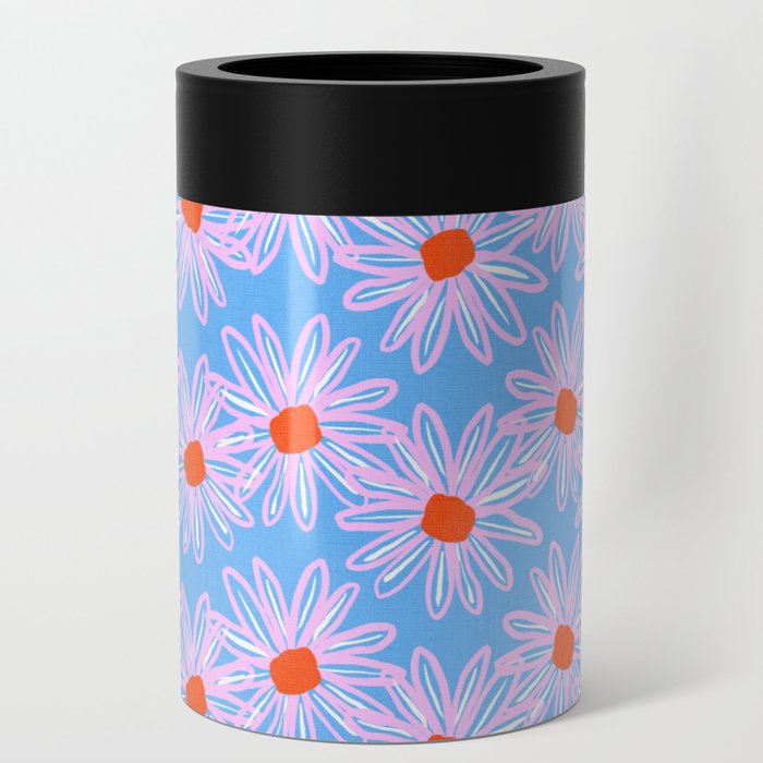 Mid-Century Modern Inked Daisies Pink on Blue Can Cooler